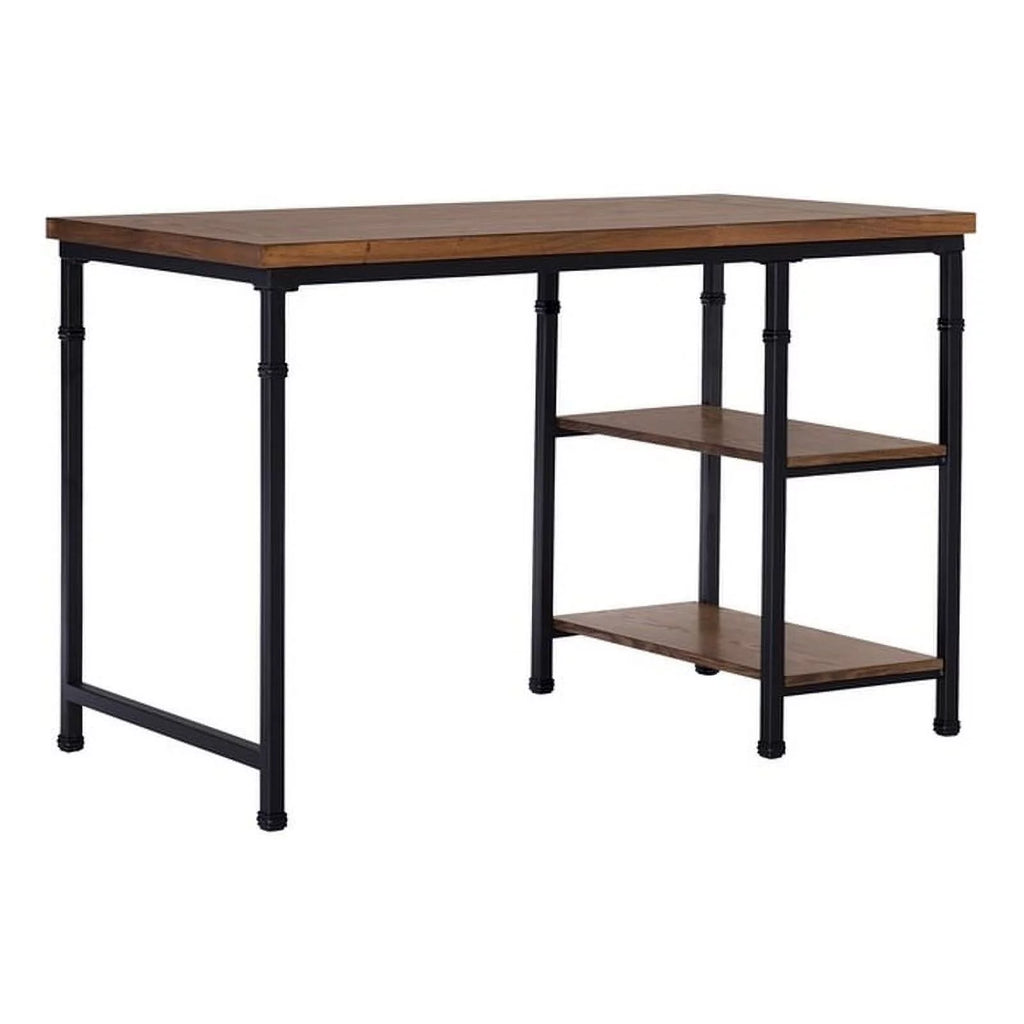 Rustic Desk with 2 Wood Shelves and Metal Frame in Black I6357