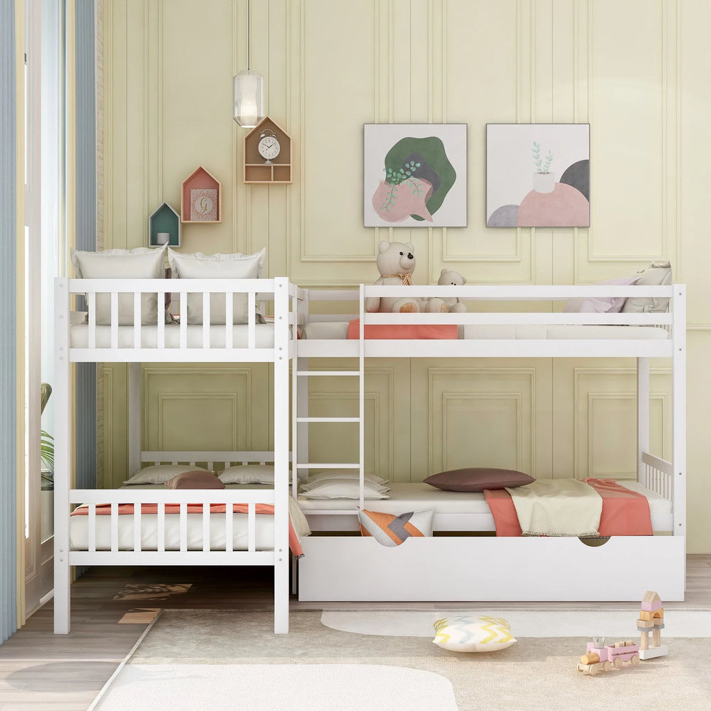White Twin L-Shaped Bunk Bed with Drawers K844