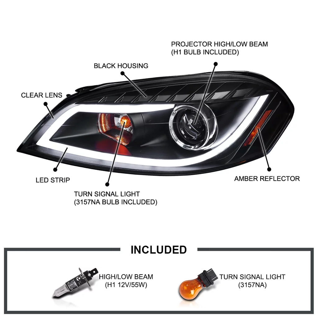 Black LED Strip Bar Projector Headlights Left + Right Pair J73917