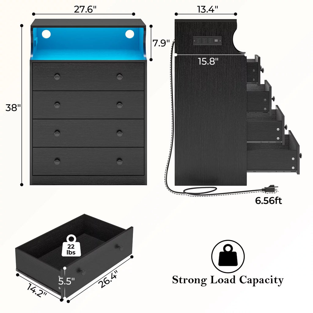 Black 4 Drawer Dresser with LED Lights and Charging Station G3081