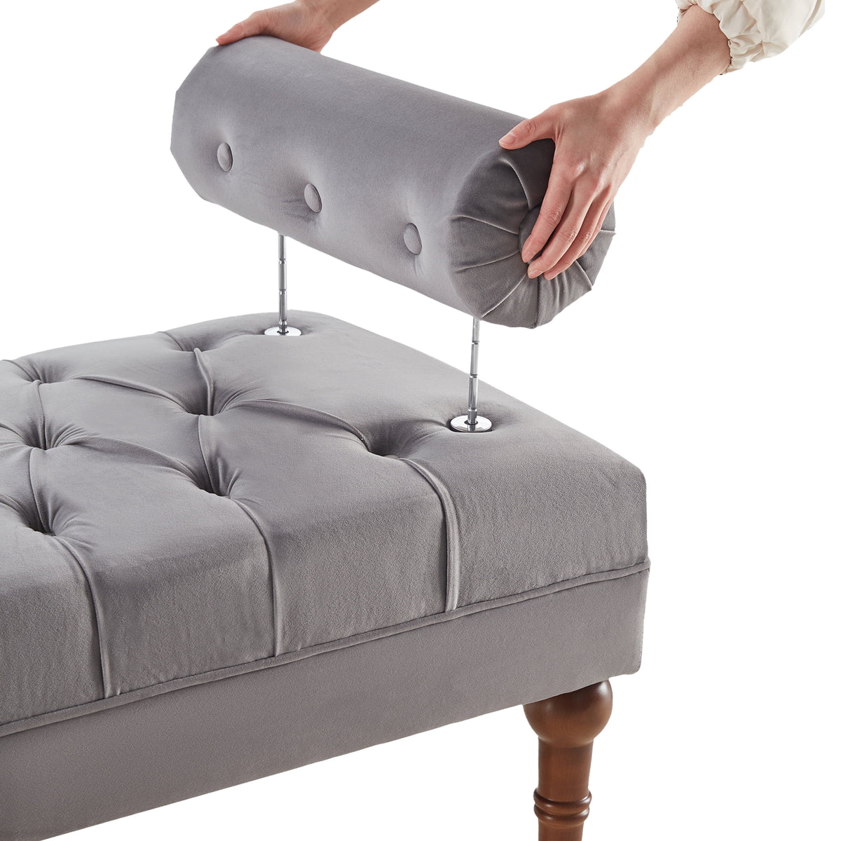 60.2 Inch Grey Tufted Upholstered Bench with 2 Pillows H65617