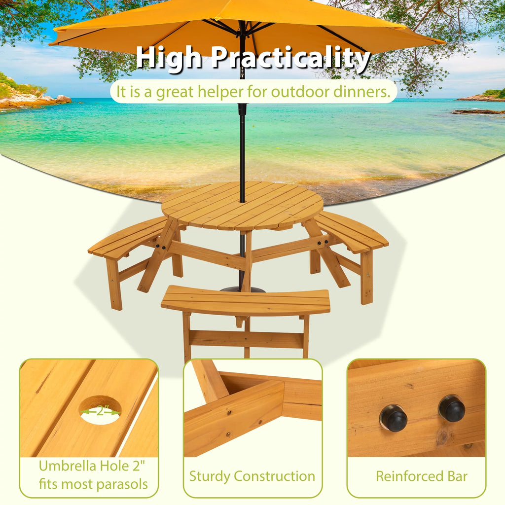 6-Person Circular Wooden Picnic Table with 3 Built-in Benches R263
