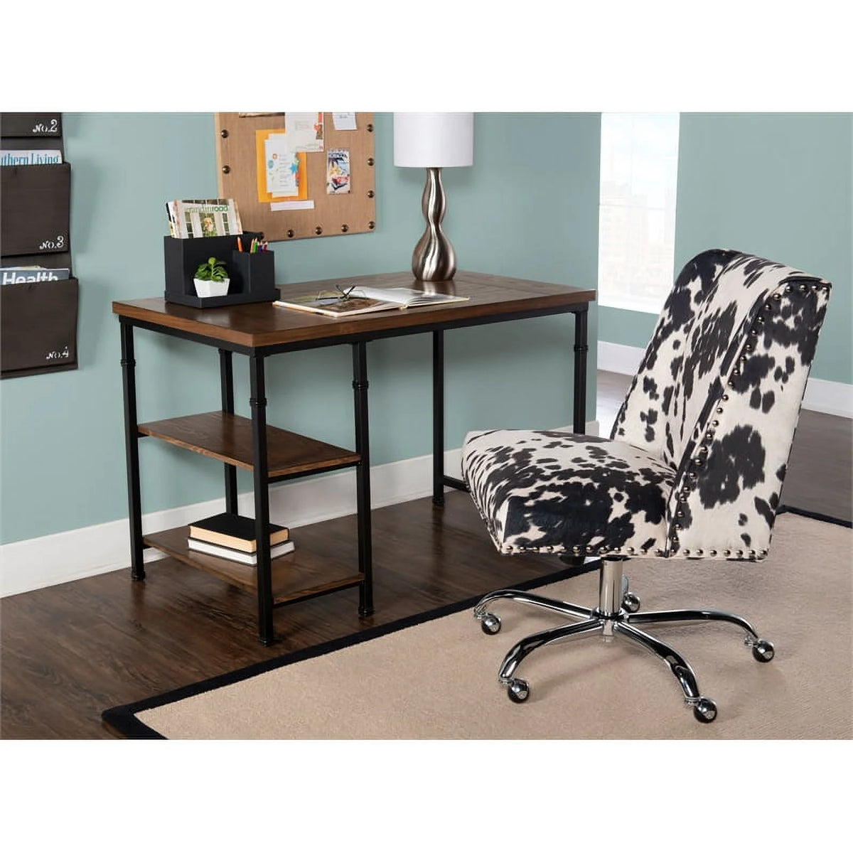 Rustic Desk with 2 Wood Shelves and Metal Frame in Black I6357