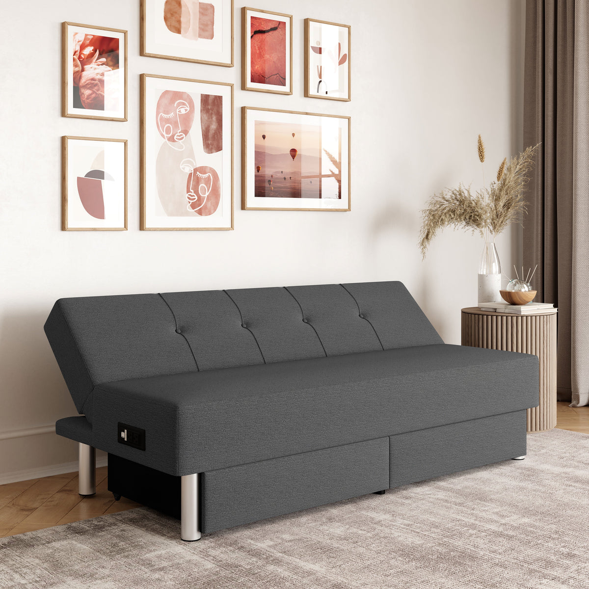 Gray Fabric Futon with Storage and Power K4687