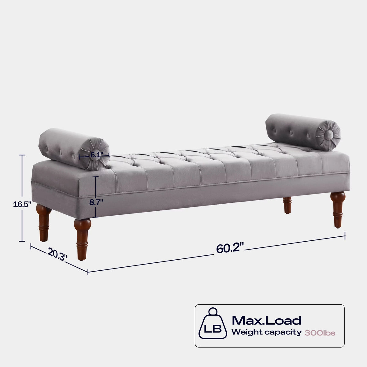 60.2 Inch Grey Tufted Upholstered Bench with 2 Pillows H65617