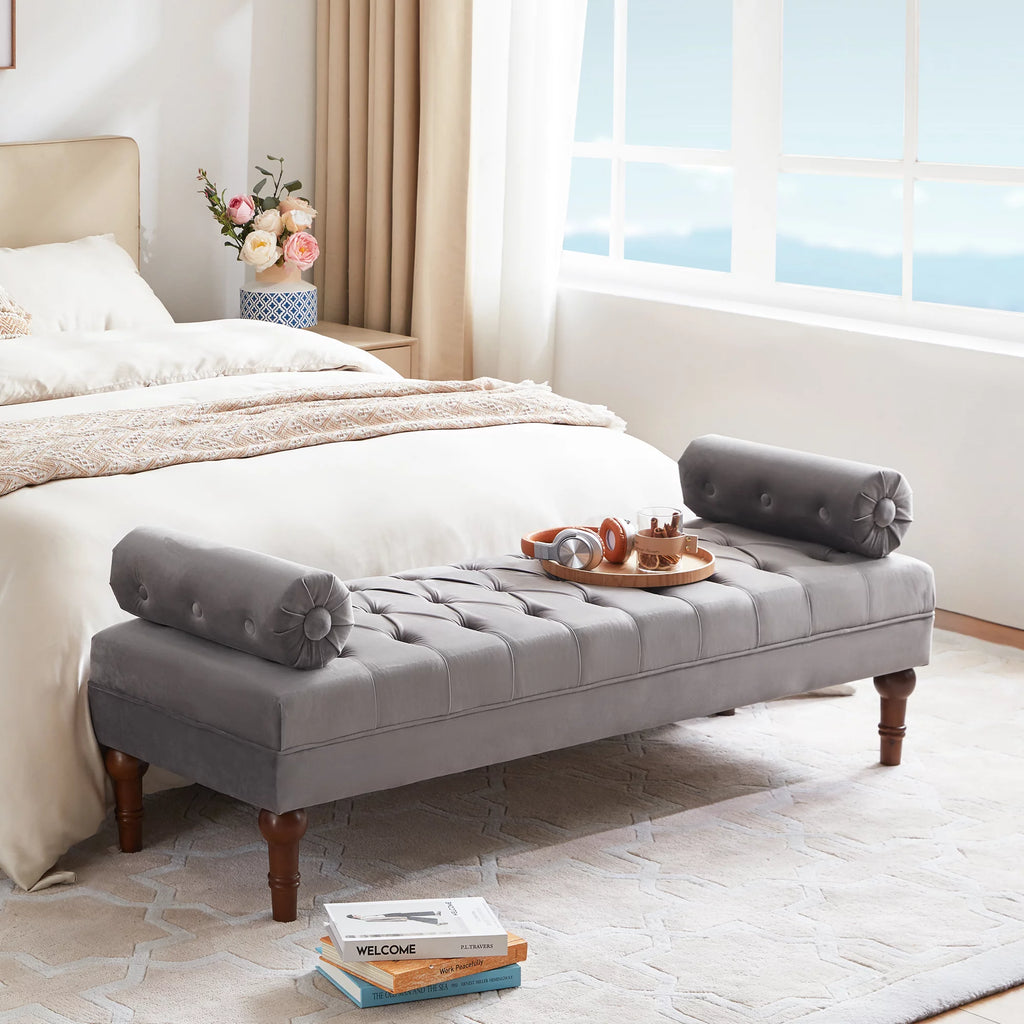 60.2 Inch Grey Tufted Upholstered Bench with 2 Pillows H65617