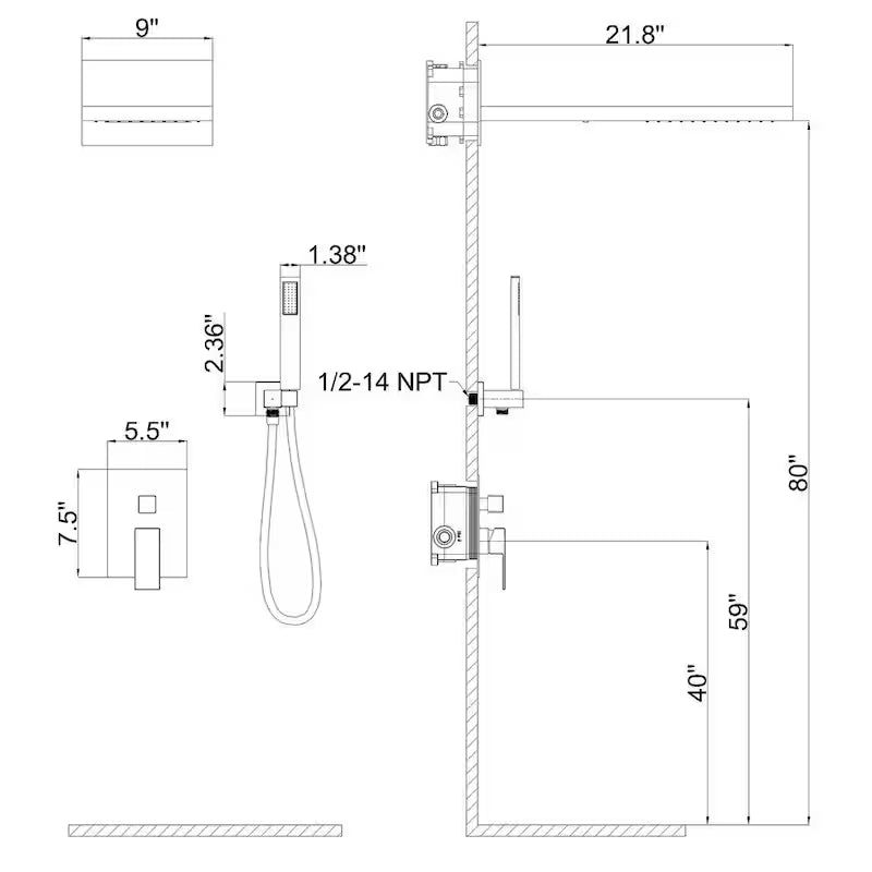 1-Handle 3-Spray Wall Mount Shower Faucet with 9 in. Waterfall Shower Head in Matte Black E731719