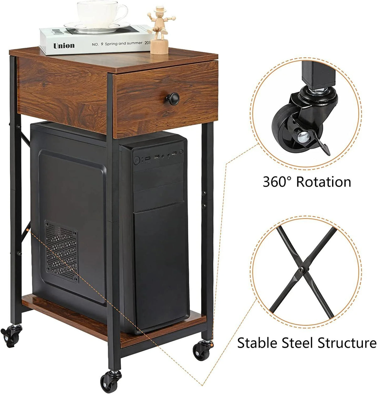 Computer Tower Stand with Wheels and Drawer C19623