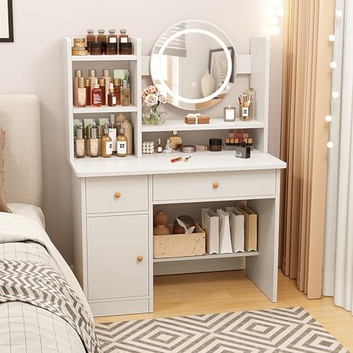 White Vanity Desk with Mirror and LED Lights N88256