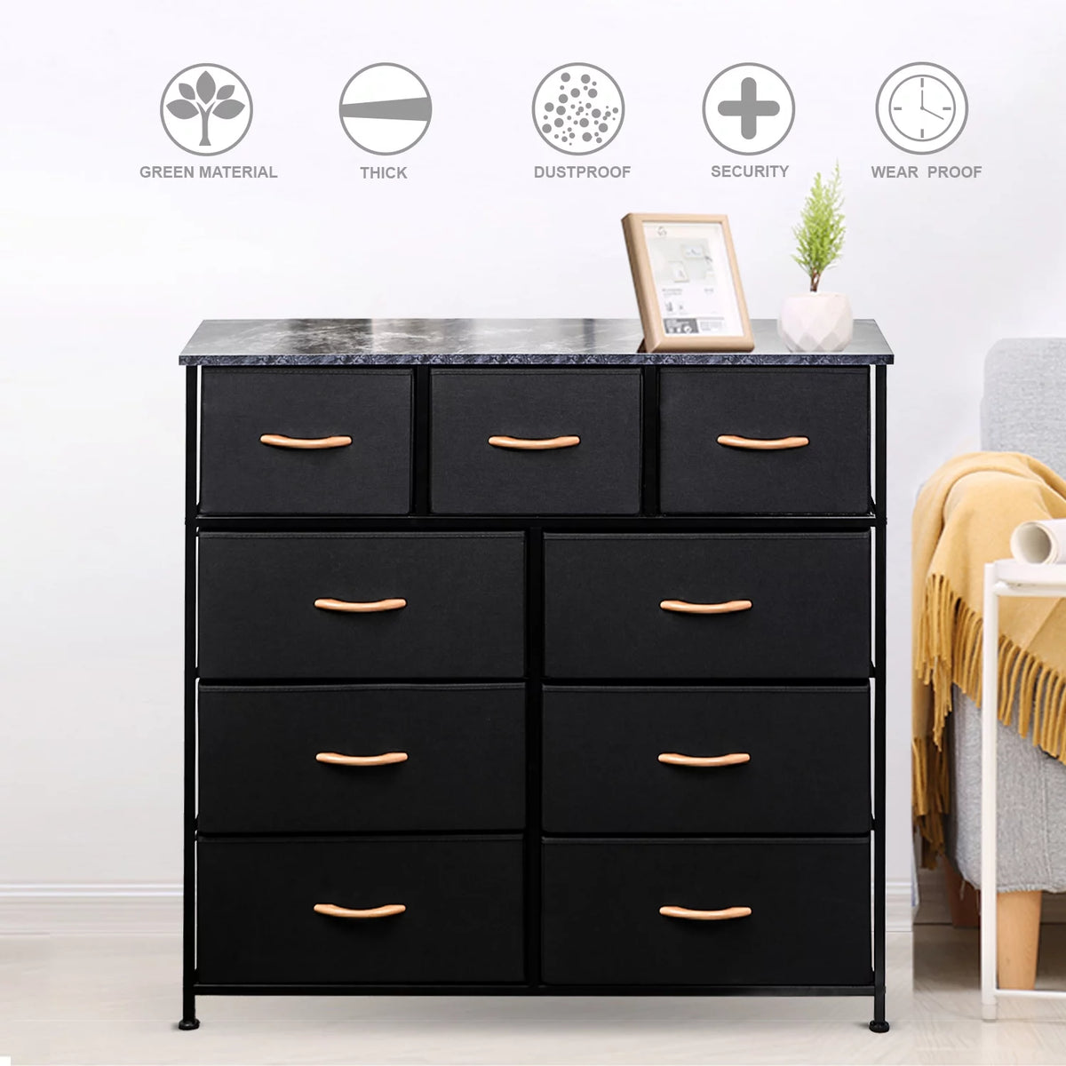 Black 9 Drawer Fabric Dresser Storage Tower D856