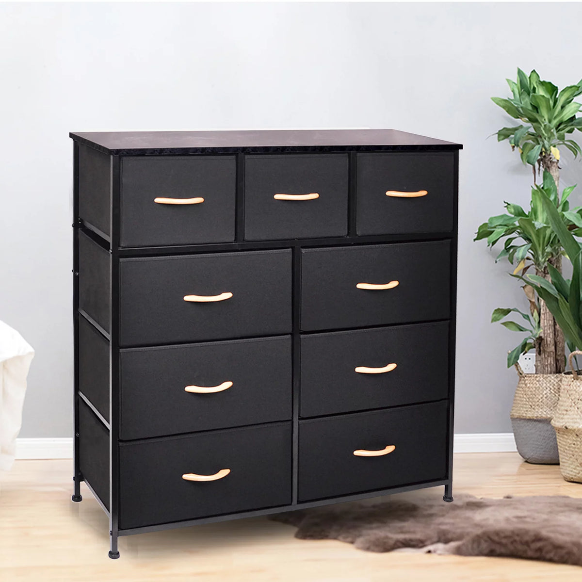 Black 9 Drawer Fabric Dresser Storage Tower D856