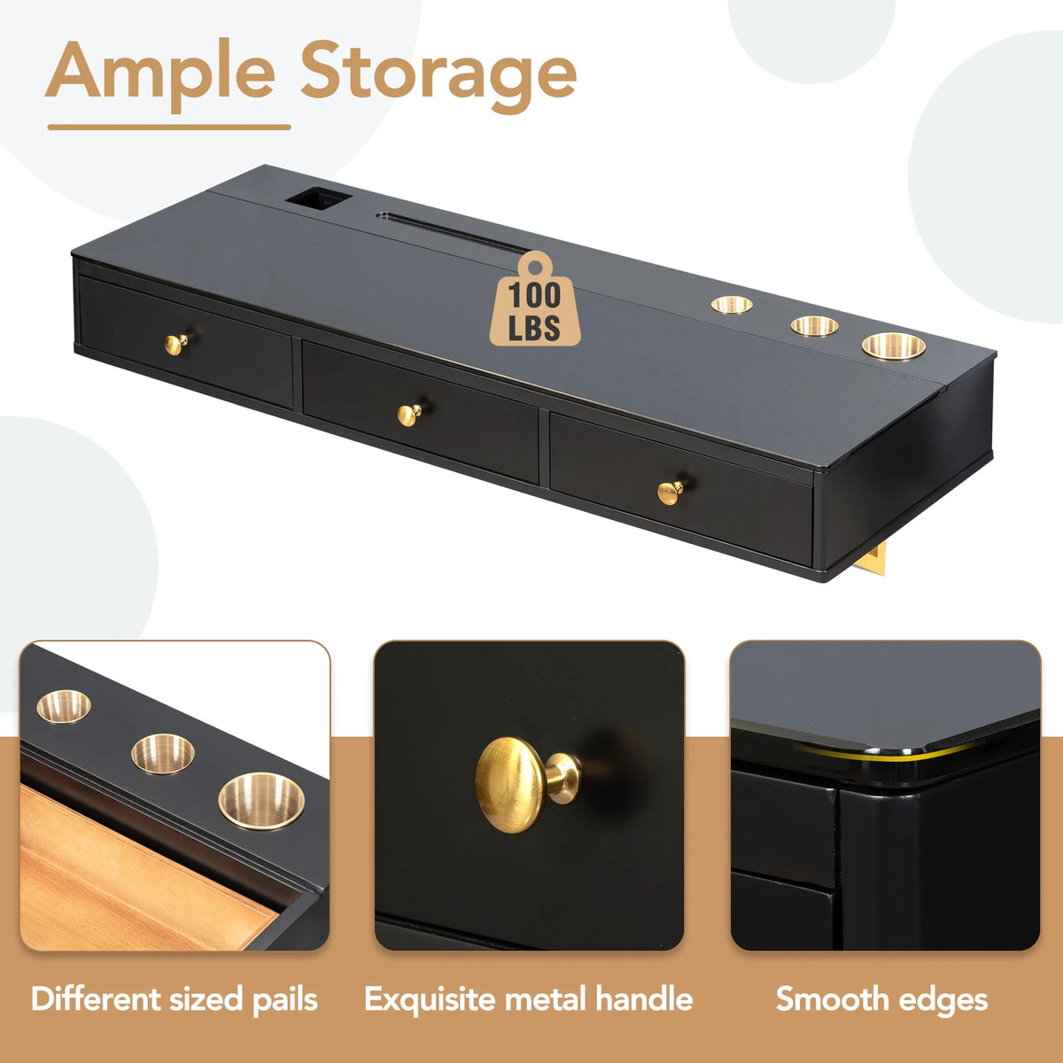 47" Wall-Mounted Vanity Table with 3 Drawer, Black and Golden V740