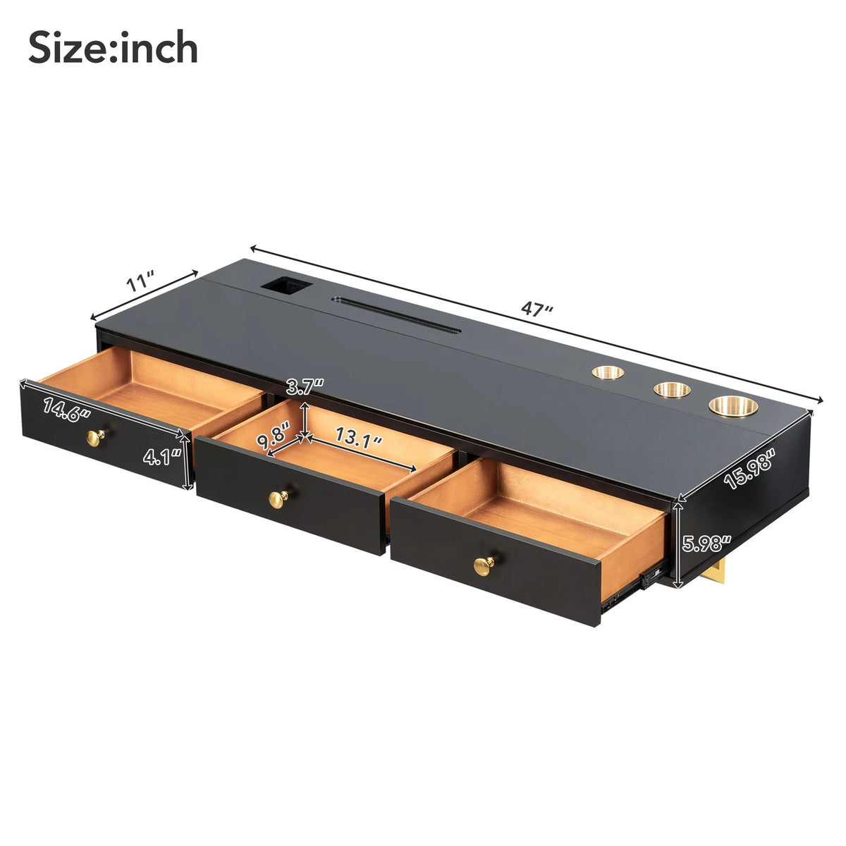 47" Wall-Mounted Vanity Table with 3 Drawer, Black and Golden V740