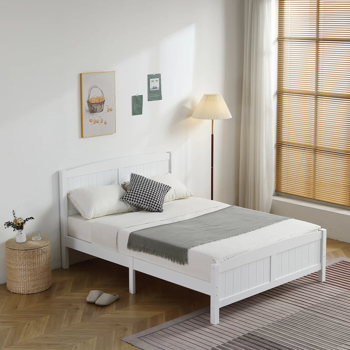 White Full Size Wood Platform Bed Frame with Headboard A731489