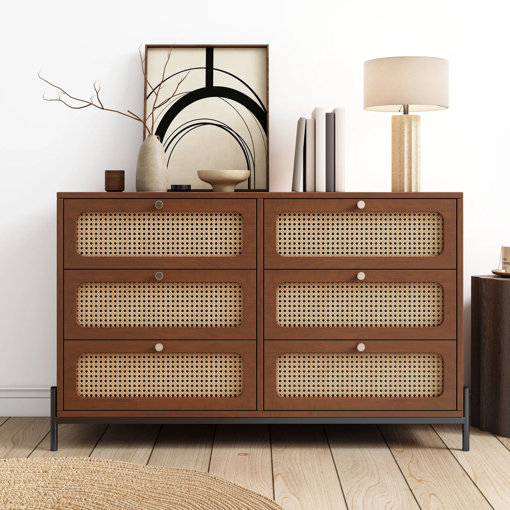 6-Drawer Rattan Wood Dresser Storage Cabinet Y2425