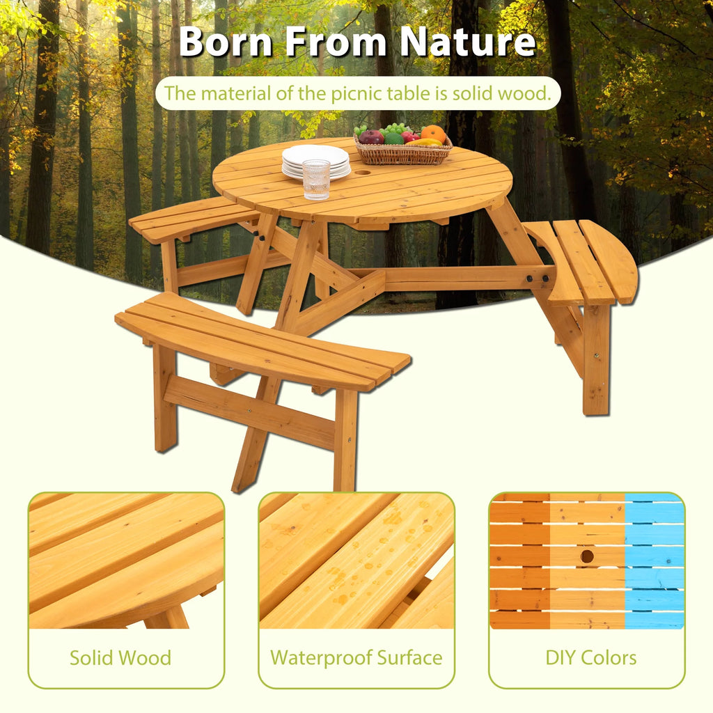 6-Person Circular Wooden Picnic Table with 3 Built-in Benches R263