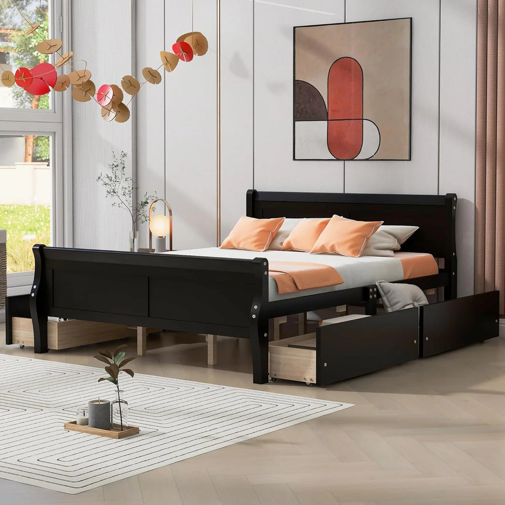 Espresso Queen Size Wood Platform Bed with 4 Storage Drawers G57214