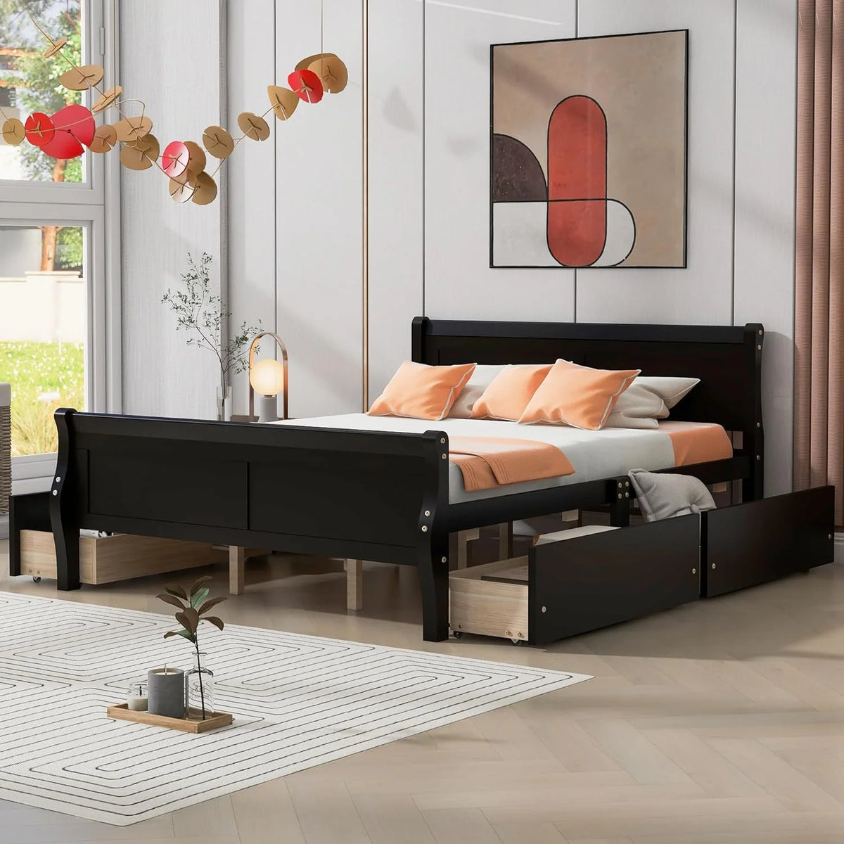 Espresso Queen Size Wood Platform Bed with 4 Storage Drawers G57214
